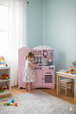 Özka Hobi Ahşap Hobyy Wood Toys2 Kapaklı Buzdolaplı Mutfak Tencere Ve Tava Setli(Pembe)