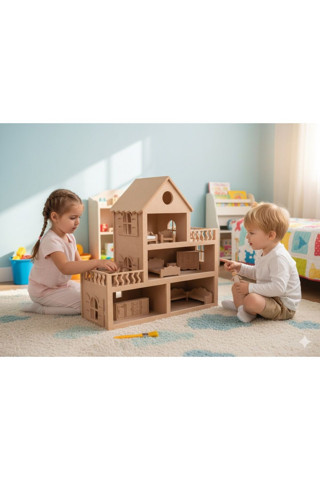 Özka Hobi Ahşap Ahşap Minyatür Oyuncak Evi Ve Mobilya Takımı, Kahverengi, Şık Ve Doğal Tasarım