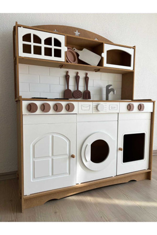 Özka Hobi Ahşap Wooden Toys Montessori Mutfak 7 Adet Set Hediyeli (Ahşap-Beyaz)