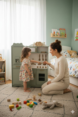 Özka Hobi Ahşap Prenses Oyuncak Mutfak Seti Ihlamur Boyalı Buzdolablı 14 Parça Servis Seti Hediyeli