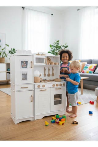 Özka Hobi Ahşap Prenses Oyuncak Mutfak Seti Beyaz Buzdolaplı Tencere Ve Tava Setli 14 Parça Servis Seti Hediyeli