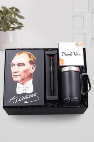 Trendmiya Atatürk İmzalı Kulplu Siyah Termos & Atatürk Resimli Defter & Atatürk İmzalı Touch Pen Seti