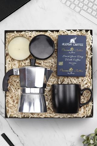 Trendmiya Moka Pot Cezve & Siyah Metal Kutulu Mum & Siyah Kupa & Alerya Premium Filtre Kahve Seti
