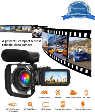 4K Vlog Dijital Video Kamera Wifi 48Mp 16X Kaydedici Fotoğrafçılık 3.0’’Ips Dokunmatik Ekran Mikrofo