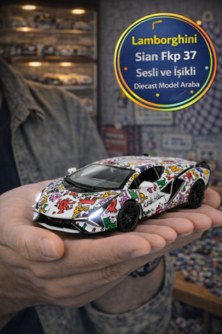 Keith Haring Serisi Beyaz Lamborghini Sian FKP 37 Sesli Işıklı Açılır Kapı Metal Model Araba 1:32