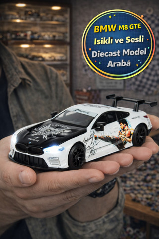 Bruce Lee Serisi Beyaz BMW M8 GTE Işıklı Sesli Açılır Kapı Çek Bırak Metal Model Araba 1:32