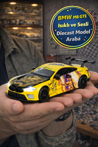 Bruce Lee Serisi Sarı BMW M8 GTE Işıklı Sesli Açılır Kapı Çek Bırak Metal Model Araba 1:32