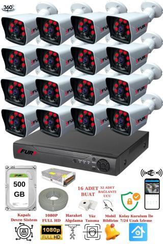 XFury 16 Kameralı 5mp Lensli 1080P 2mp Görüntü 6 Atom Gece Görüşlü FullHd Güvenlik Kamerası 5525A 500GB