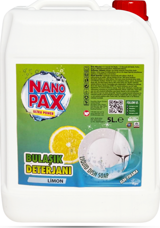 NanoPax Limon Kokulu Elde Bulaşık Sıvı Deterjanı 5 Lt - Güçlü Yağ Çözücü Ekonomik Boy