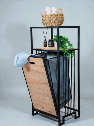 DEKORATİF KİRLİ SEPETLİ BANYO DOLABI AHŞAP RAFLI METAL GÖVDELİ 2 RAFLI ÇAMAŞIR SEPETİ BANYO DÜZENLEYİCİ ORGANİZER