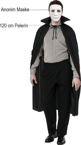 Siyah Renk Yakalı 120 cm Pelerin ve Beyaz Anonim Maske