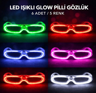 LED Işıklı Glow Pilli Parti Gözlüğü - Glow Efektli 6 Adet 5 Renk (5047)