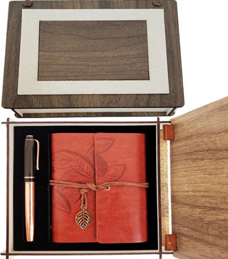 Büro Ev Ofis Hediyesi için Ahşap Kutulu 2PARÇA Kahve Deri Defter Bakır Kalem Seti