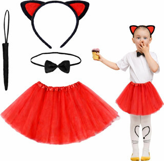 Kırmızı Renk Etekli Kedi Kostüm Seti (Tütü, Taç, Papyon, Kuyruk) (5047)