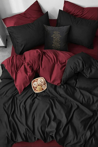 More Home  Lastikli Çarşaf  Çift Kişilik Nevresim Takımı Siyah Bordo