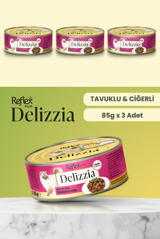 Plus Delizzia / Sos İçinde Parça Etli Tavuklu & Ciğerli Yetişkin Kedi Maması 85g x 3 Adet