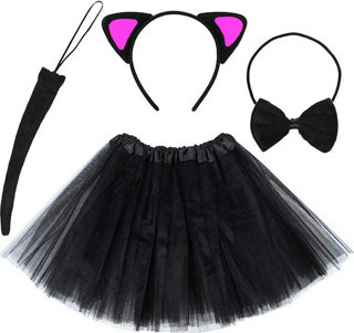 Kedi Kulak Taç Etek Kuyruk ve Papyon 4 lü Set Çocuk Pembe