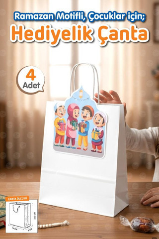 Burgu Saplı Karton Ramazan Temalı Beyaz Çanta 4 adet Çocuklar İçin Ramazan Mevlit Hatim Hediyelik -T1562