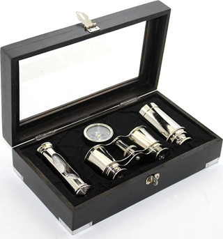 Ahşap Kutulu Pirinç Dürbün Pusula Ve Kum Saati Seti