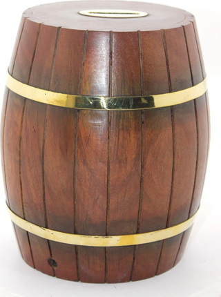 Pirinç Ahşap Fıçı Kumbara 18 Cm