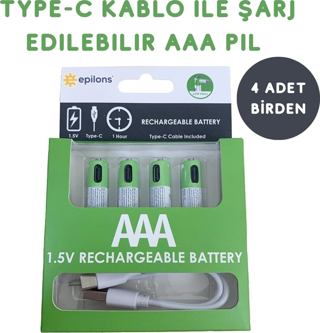 Usb Type-c İle Şarjolabilen 4 Adet Aaa 1.5v Lityum Şarjlı Kalem Pil 750 Mah Uzun Ömürlü