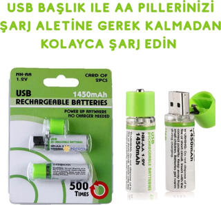 Usb İle Şarj Olabilen 2 Li 1450 Mah Lityum Şarjlı Kalem Pil