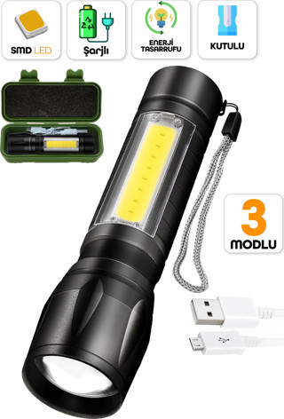 Telvesse 3 MOD METAL Şarjlı El Feneri Zoomlu Mini Boy Type-C Kutulu COB LED Lamba Acil Durum Işığı 47701