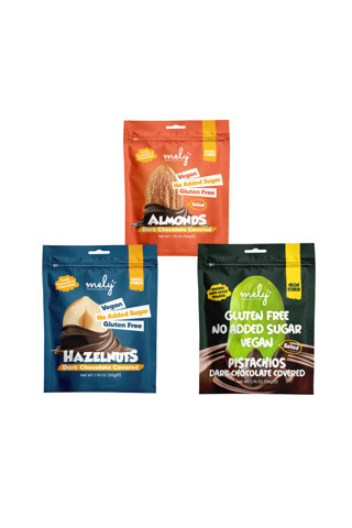 Mely Glutensiz Seker Ilavesız Vegan Cıkolata Kaplı Badem, Fındık, Premıum Antep Fıstıgı 50Gr X 3 Adet