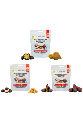 Elamore Şeker İlavesiz, Glütensiz, Vegan Ceviz, Kaju, Hurma Bitter Çikolata - Doypack 50 Gr X 3 Adet