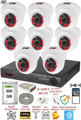 XFury 8 Kameralı 5mp 3.6mm Lens 2mp Görüntü 6 Atom Led Gece Görüşlü FullHd Güvenlik Kamerası 1412A 500GB