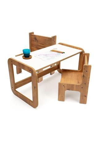 Beyaz Ahşap Sandalyeli Montessori Çocuk Ders Çalışma Masası + 2 Sandalye - Çocuk Aktivite Masası