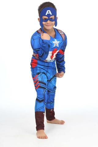 Kaslı Kaptan Amerika Kostümü + Göz Maske - Captain America Kostüm - Dolgulu Captan Amerika Cosplay