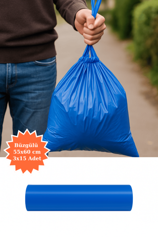 Mavi Büzgülü Çöp Torbası 55x60 cm 3x15'li Adet Ev Mutfak İş Ofis Avantajlı Paket