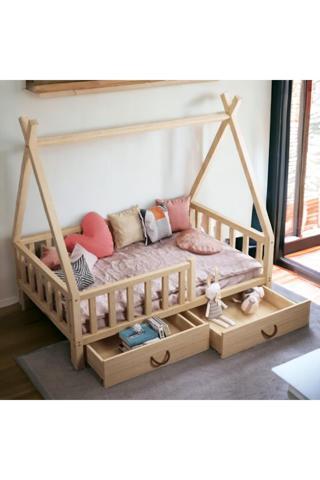 MiniWood Montessori Yatak Çekmeceli Karyola Ahşap Çocuk ve Bebek Beşik