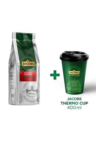 Jacobs Cafe Crema (Banquet Medium) Çekirdek Kahve 1 Kg + Thermo Cup 400 Ml Set