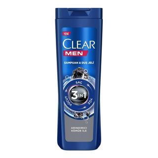 Clear Men 3in1 Şampuan & Duş Jeli Arındırıcı Kömür Saç Yüz Vücut için 350ML