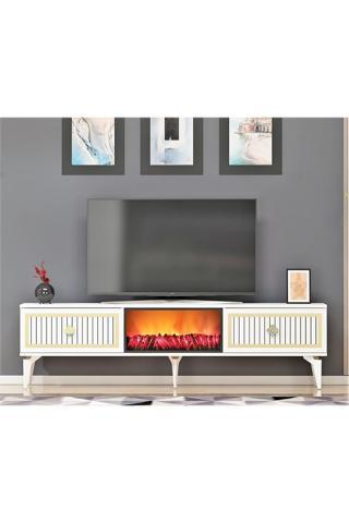 Demonte Decor Flame Şömineli Tv Sehpası (Alt Modül) Beyaz - Altın