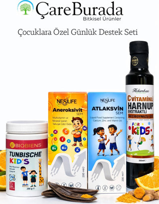 CareBurada Çocuklara Özel Günlük Destek Seti | Multivitamin, Kalsiyum D3, Keçiboynuzu ve Harnup Özü