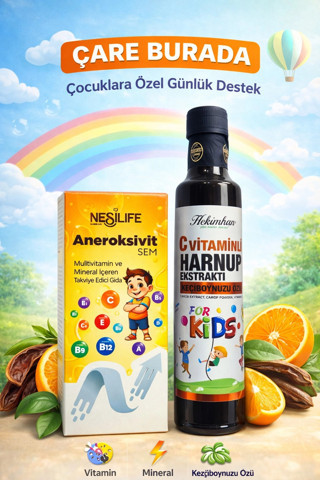 ÇareBurada Çocuklara Özel Günlük Destek Seti | Multivitamin + C Vitaminli Harnup Pekmezi