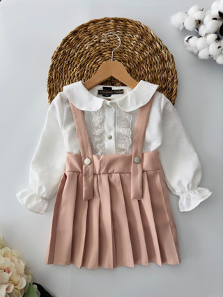 Minigimin Cicileri Pilise Etekli Dantel Detaylı Kız Çocuk 2'Li Salopet Kombin - Somon