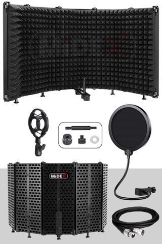 Midex PF-43PS Mikrofon Ses Yalıtım Paneli 5 Bölümlü Ayaklı 69x26cm (Filtre Sünger Shock Mount Kablo Hediye)