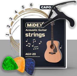 Midex AGX-20C Akustik Gitar Teli Takımı Pena ve Kapo (Capo) Seti