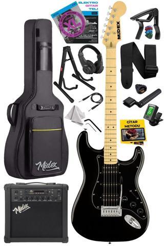Midex RPH-40BK-25AMP Full Black 25W Şarjlı BT Amfili Elektro Gitar Seti HSH Manyetik Maple Klavye