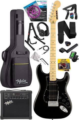 Midex RPH-40BK-25AMP Full Black 25W Şarjlı BT Amfili Elektro Gitar Seti HSH Manyetik Maple Klavye