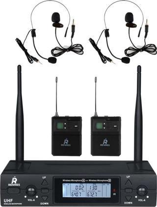 Rennes RM-900HH UHF 2x100 Kanal Çiftli Kablosuz Yaka ve Headset Mikrofonu Çift Anten LCD Ekran