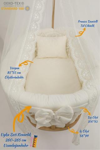 Bebekonfor Krem Fransiz Dantelli Bebek Uyku Seti ( Sadece Beşik Için Uygun ) Beşik Dahil Değil 