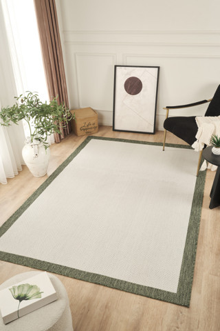 Sisalux 3090 Krem Yeşil Sisal Dokuma Jüt Kilim Hav Toz Vermez Halı Salon Mutfak Oturma Odası Halısı