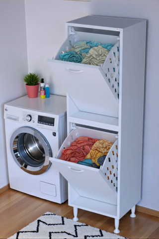 Veluna 35 Cm Kirli Çamaşır Sepetli Dolap Banyo Dolabı Beyaz 35X138X32,5 Cm 2 Sepetli Dolap
