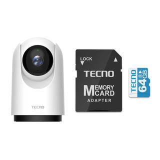 Tecno TH300 3MP 2K Ultra HD 360° Kablosuz Wifi Güvenlik Kamerası + Tecno 64 GB 100Mb/s Micro Sd Hafıza Kartı ve Adaptörü