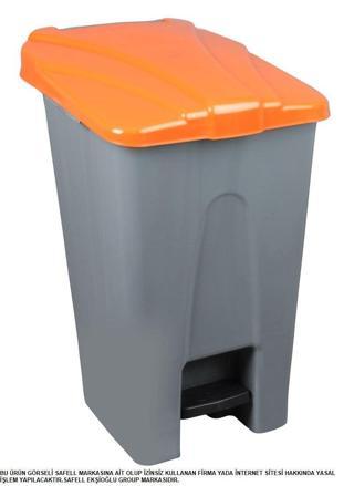 Safell Plastik Köşeli Pedallı Çöp Kovası 70 Lt - Tekerlekli - Pedallı Çöp Konteyneri - Gri Turuncu